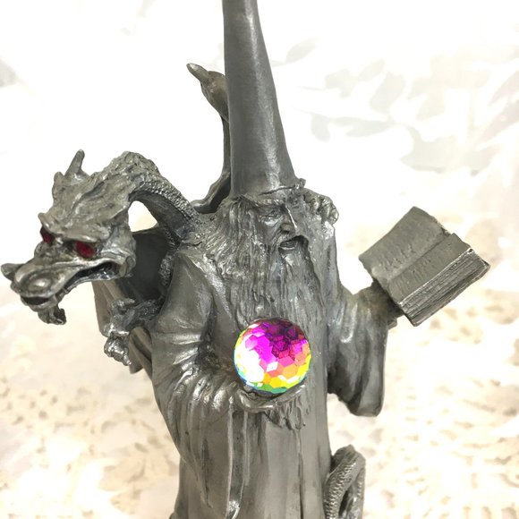 PERTH Pewter Wizard w/ Dragon – Book & Crystal Ball Figurine Vintage - Picture 1 of 15